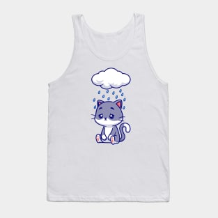 Cute Sad Cat Sitting Under Rain Cloud Cartoon Tank Top